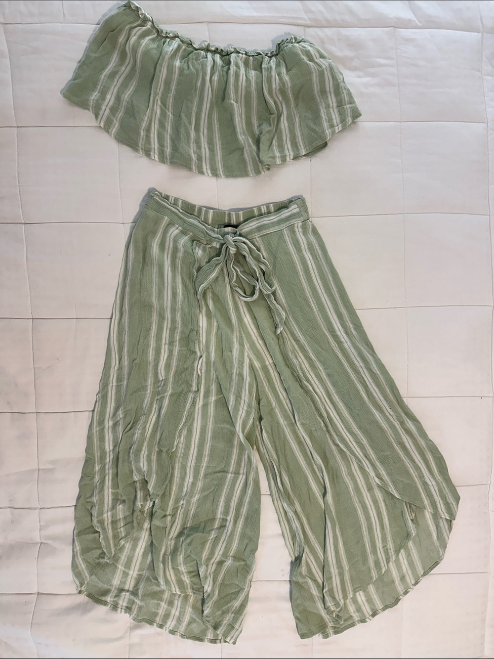 Strapless Striped Top & Wide-Leg Pants Set - Sage Green